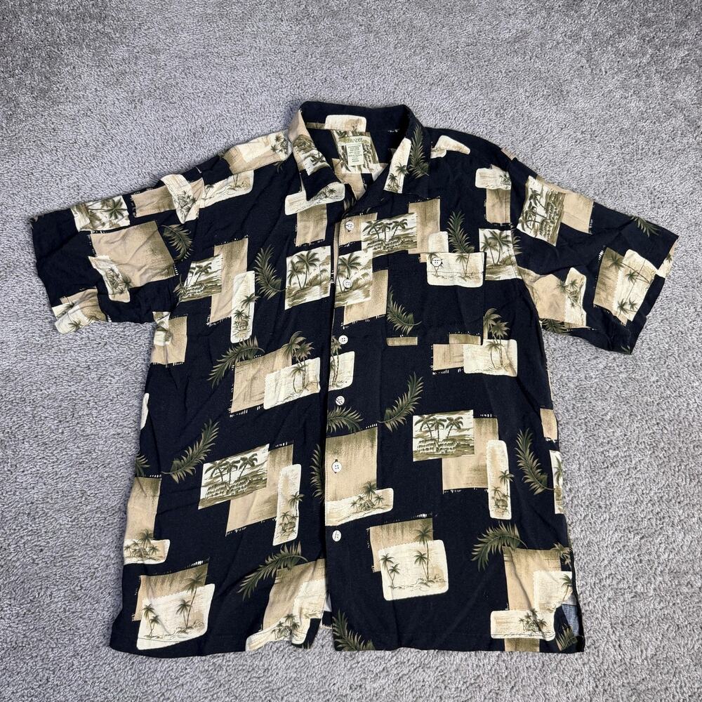 Islander Shirt Mens M Black Palm Print Short Sleeve Button Up Rayon Hawaiian